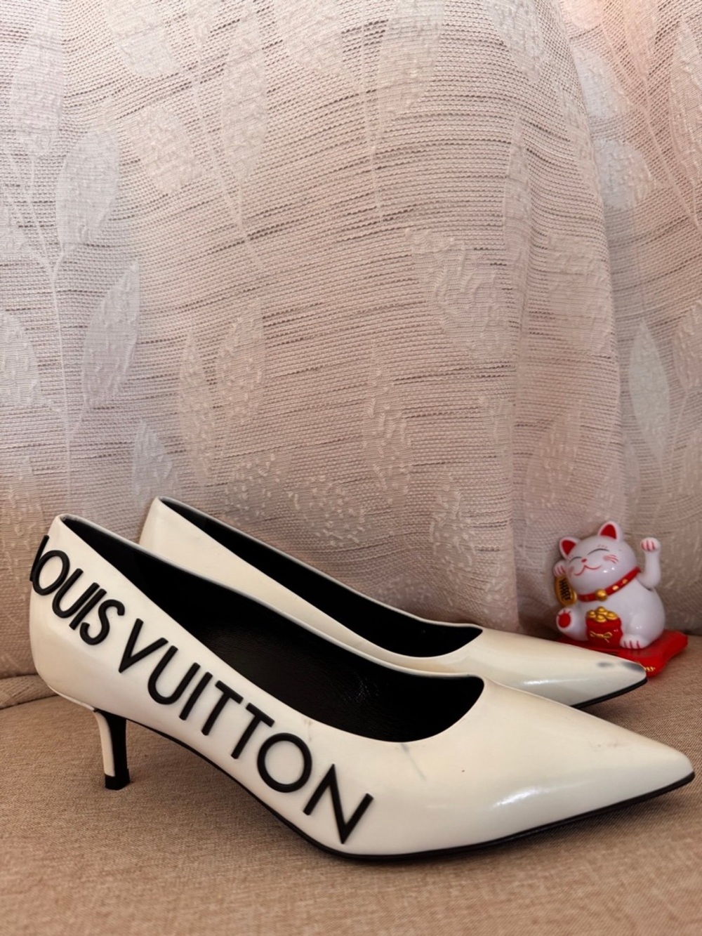 Louis Vuitton White Patent Leather Pointed-Toe Low Heel Pumps with Bold Logo